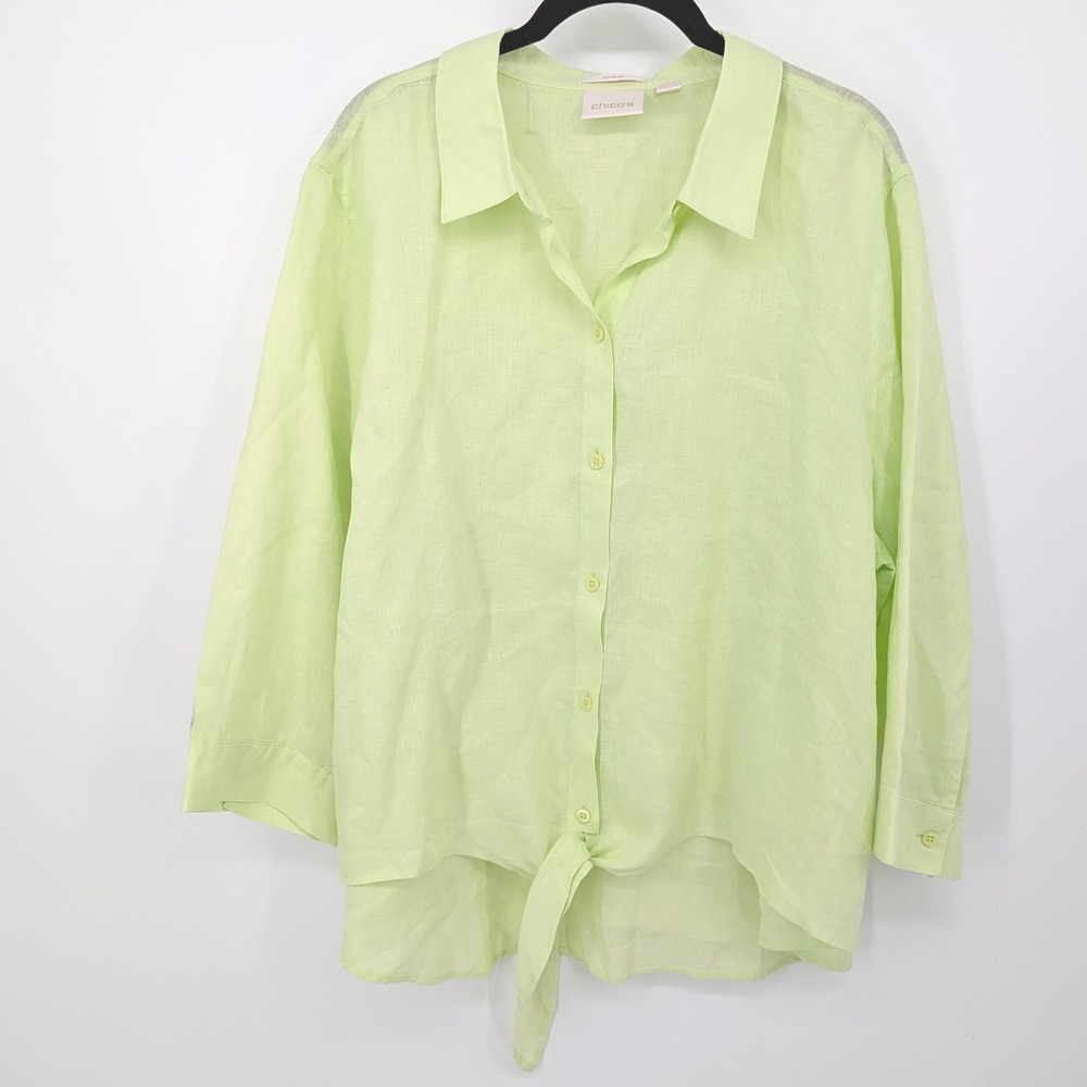 Chicos Button Down Linen Tie Front Womens XXL Lime Green No-Iron Shirt Blouse